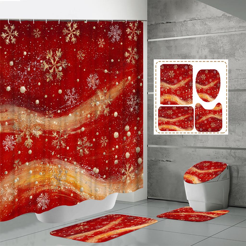 4PCS  Shower Curtain Sets With Shower Curtain And Rugs Toilet Lid Rug U Shape Mat And Bath Mat Bathroom Set  With 12 Hooks