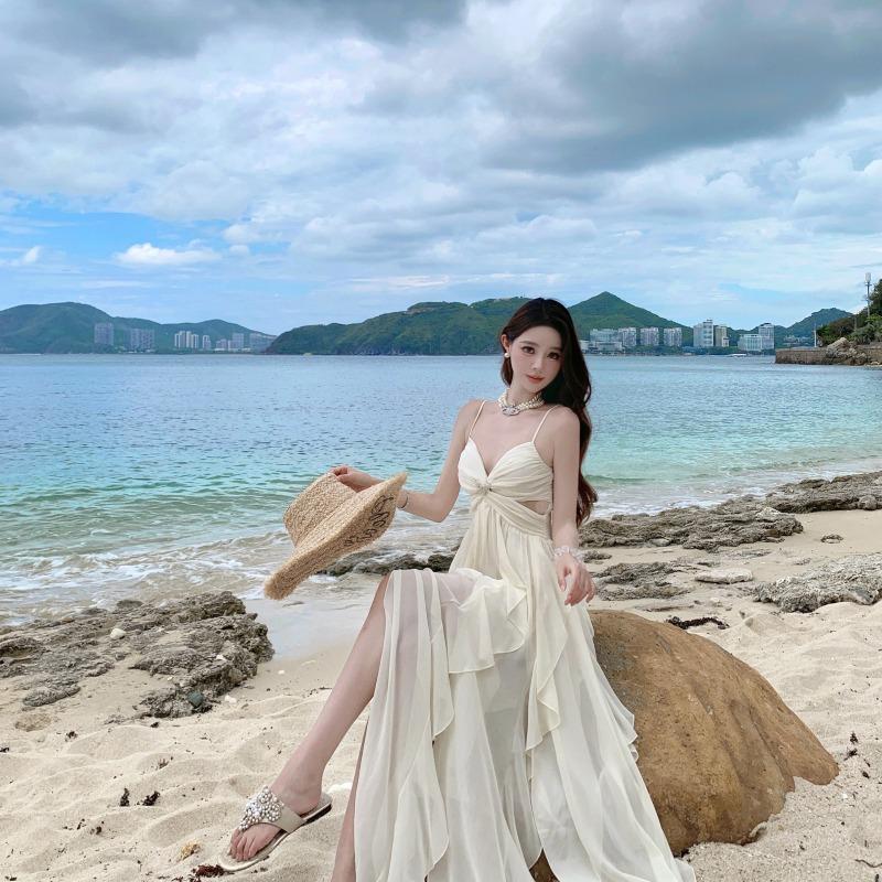 French Fairy Lotus Leaf Edge Suspender Dress Female Seaside Vacation Sexy Irregular Split Fairy Long Dress