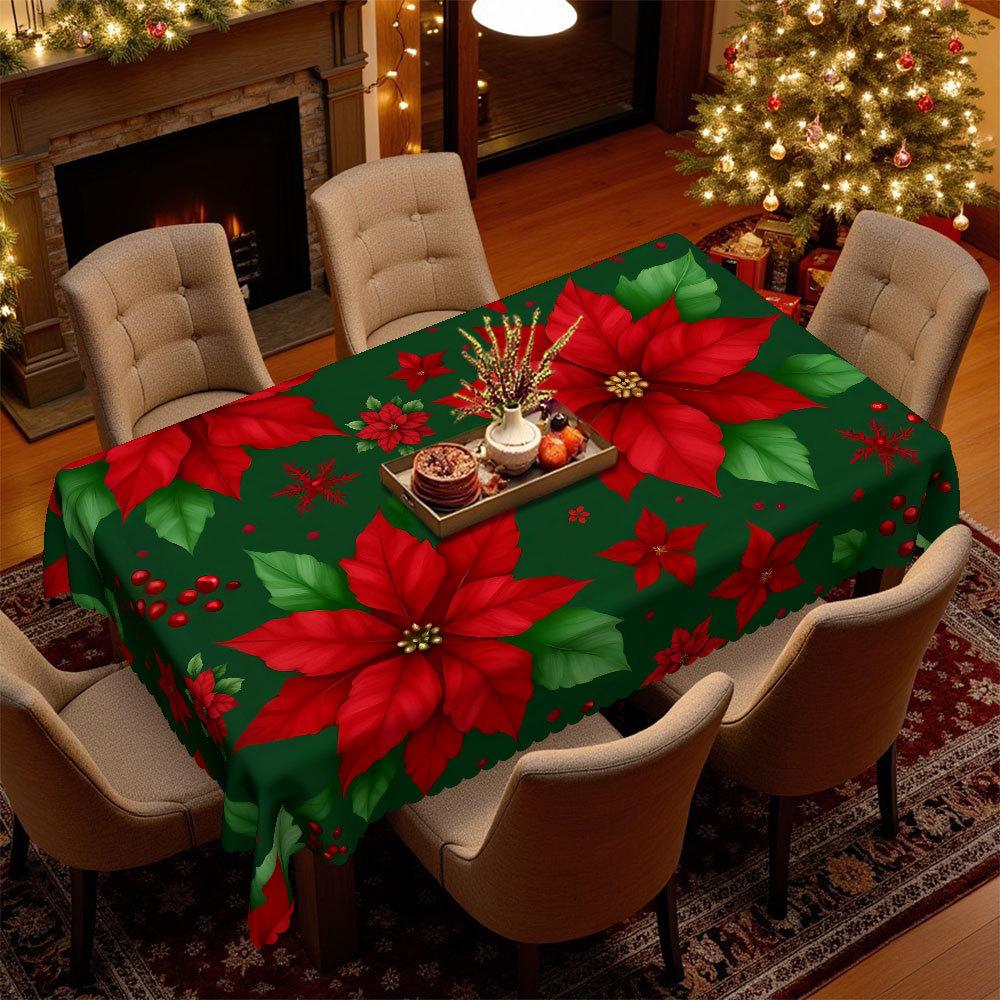 Christmas Table Cloth, Red Christmas Flower Green Leaf Print Polyester Tablecloth, Restaurant Table Fabric Decorative Cloth