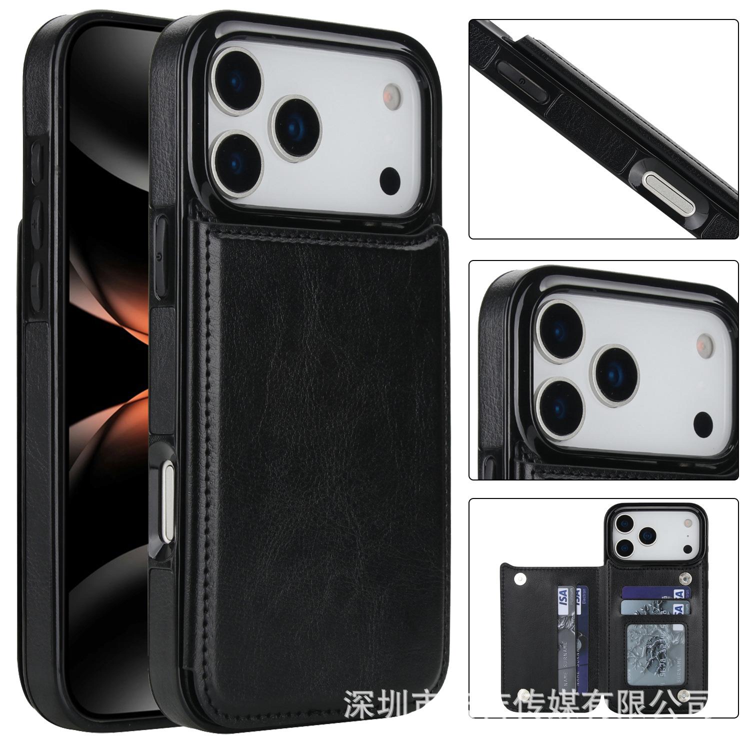 

Suitable for Phone17 multiple phone models, Crazy Horse pattern double buckle phone leather case, Apple 16e/15 card insertion sticker protective case iPhone17