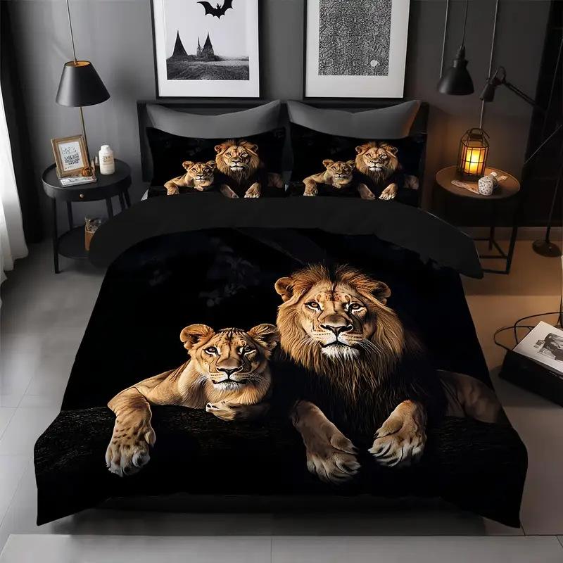 3D Lion Pattern Digital Printing Three-Piece Set Animal Duvet Cover Bed Sheet Bedding