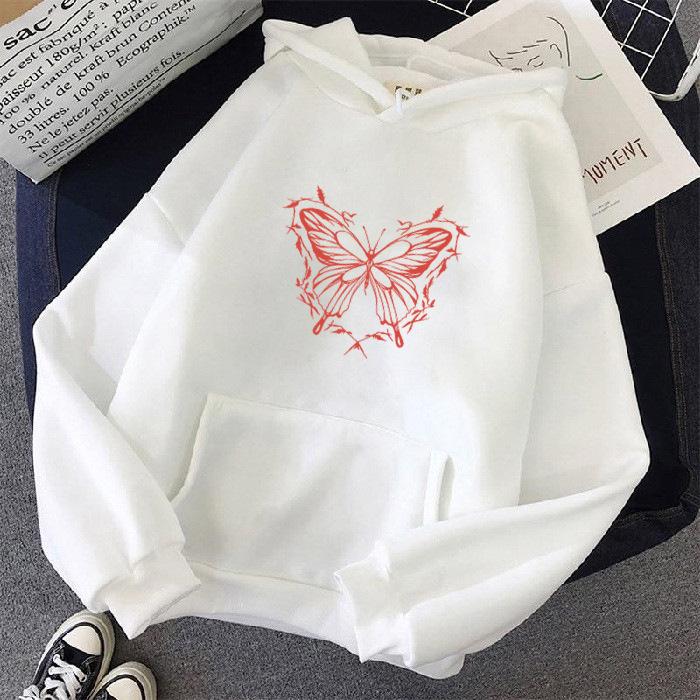 2026 autumn new women s butterfly print casual trend versatile velvet hooded cardigan sweater jacket M белый