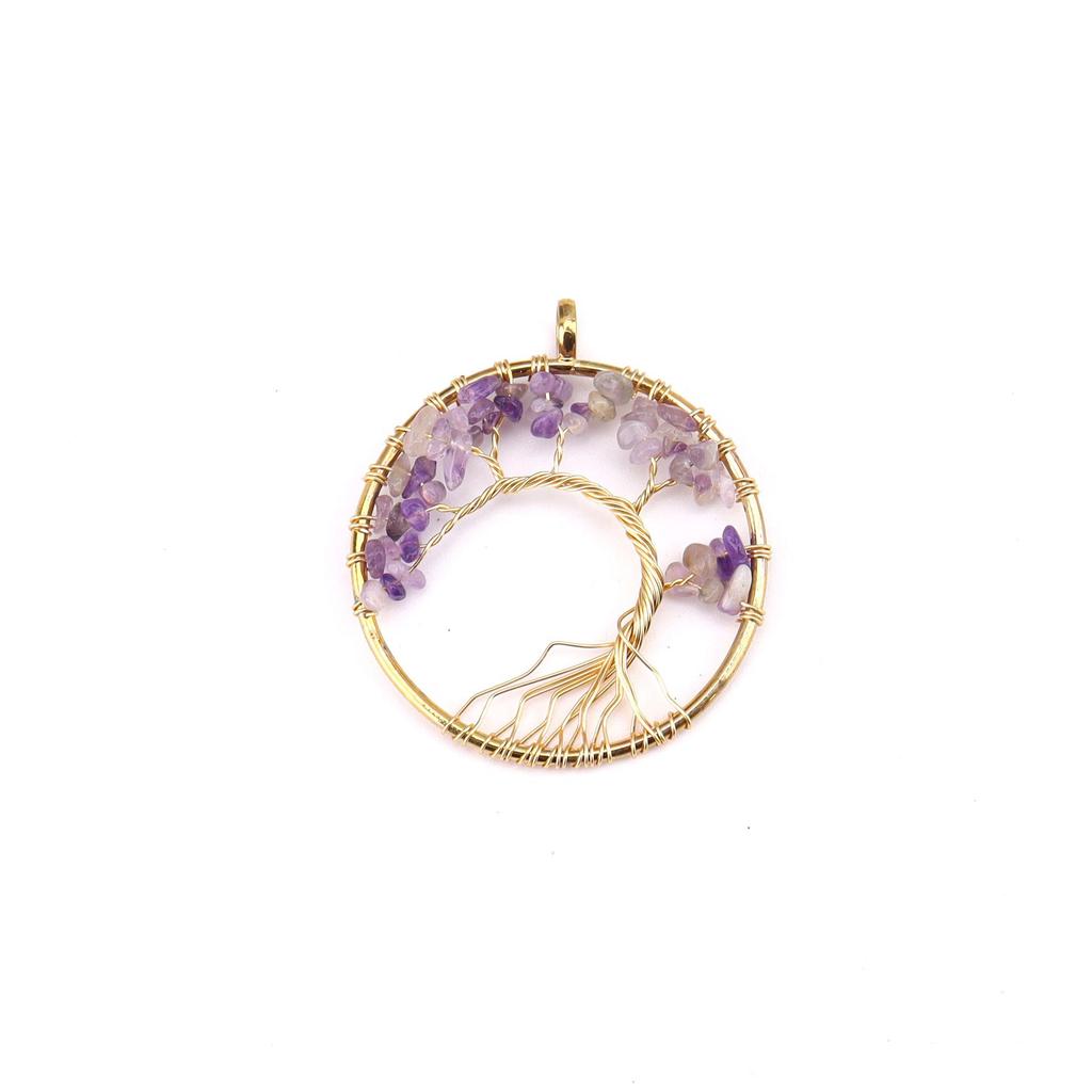 Color Retaining Gold Handmade Winding Natural Crystal Gravel Bending Tree Of Life Necklace N60