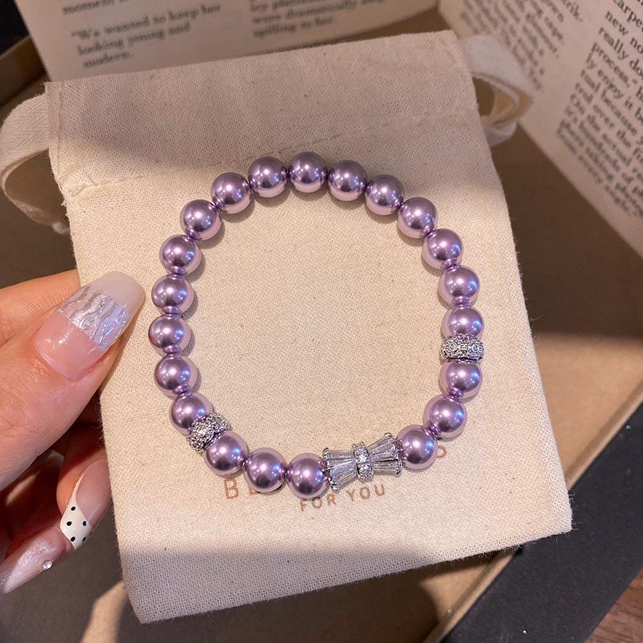 Mist Purple Cubic Zirconia Pearl Beaded Elastic Bracelet - Versatile Light Luxury Hand Jewelry