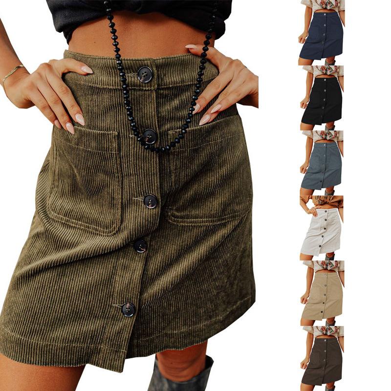 Women Button High Waist Corduroy Package Hip Skirt with Pocket