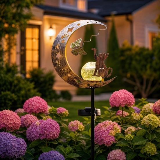 Solar Animal Garden Light, Moon Cat Bird Dog Solar Light with Metal Stake, Solar Powered Outdoor Animal Crescent Light for Patio Pathway Yard Decor
