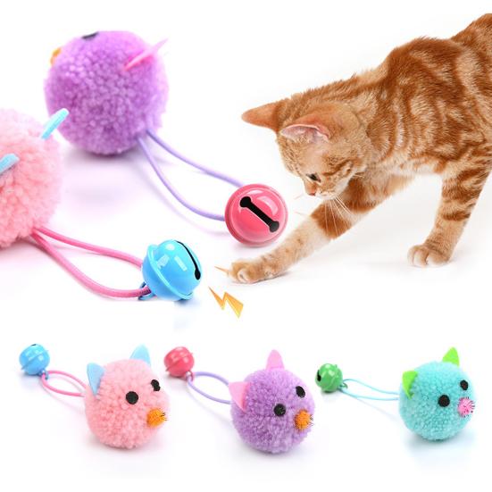 Kitten Colorful Plush Mouse Head with Bell Rope Cat Toy Interactive Pet Supply