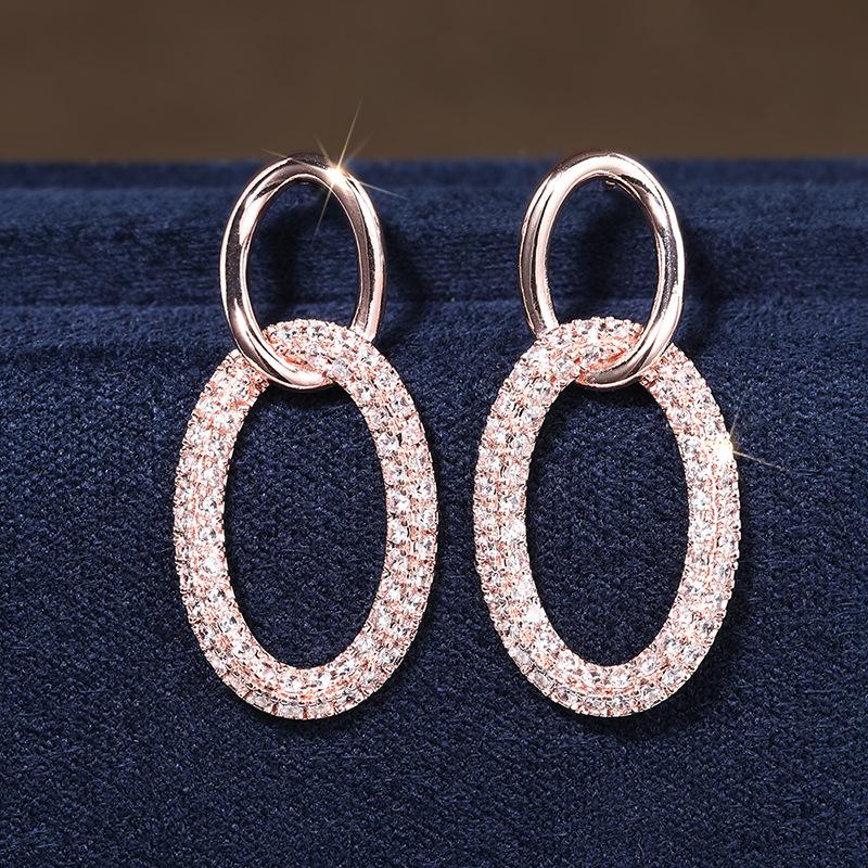 Rose Gold Tone Interlocking Oval Drop Earrings for Women Sparkly Pave Geometric Statement Earrings Elegant Daily Party Jewelry