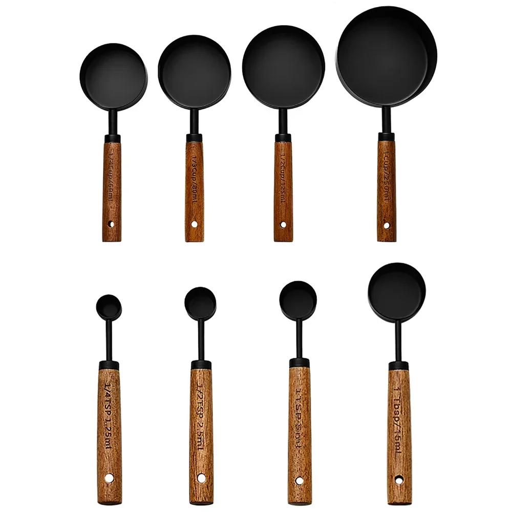 8Pcs Gold Kitchen Baking Tools Bakeware Measuring Tools Scales Set Stainless Steel Measuring Cups and Spoons With Wooden Handle