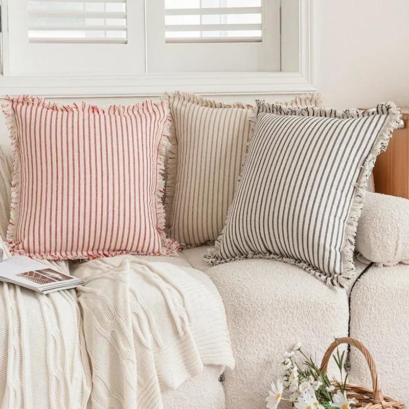 Ramie Cushion Cover with Tassels Euro Flax Decorative Throw Pillow Cover Boho Shabby Chic Style for Couch Bed Home
