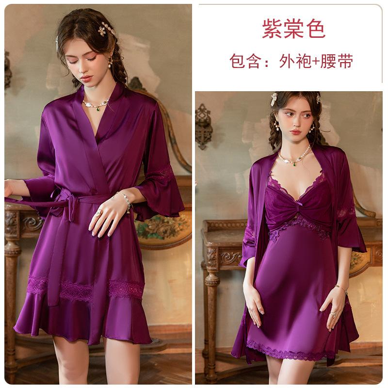 Satin Plus Chest Pad Pleated Mesh Small Chest Showing Large Satin Lace Nightdress Robe Loungewear Set