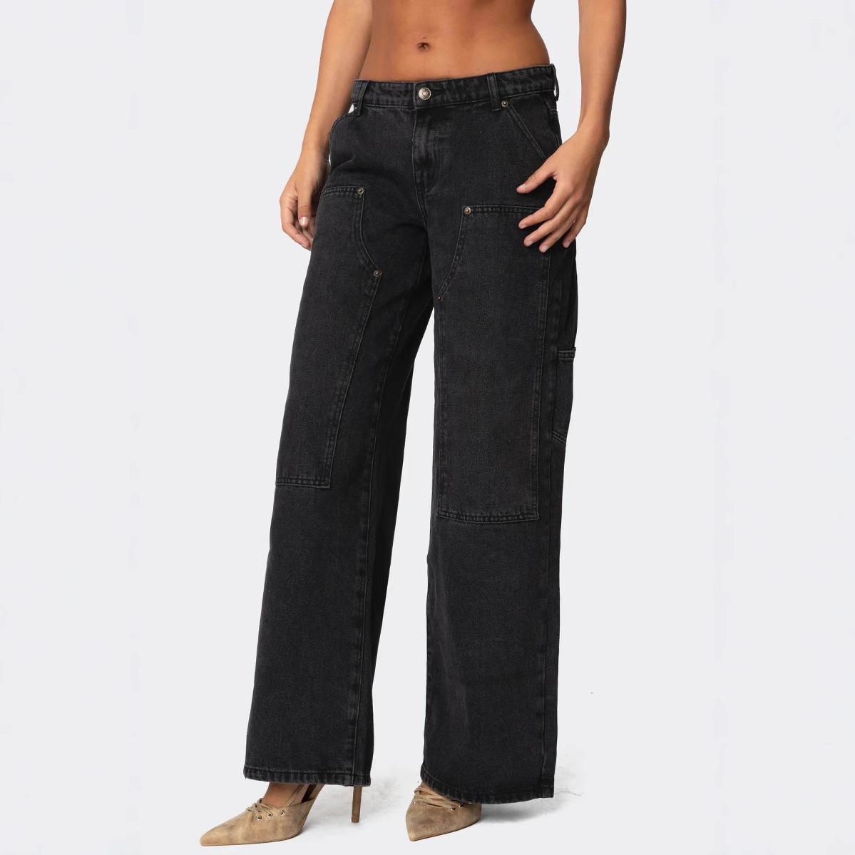 

Women s Rivet Double Knee Flare Workwear Jeans - Casual Wide-Leg Pants Large чёрный