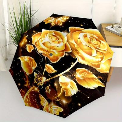 Golden Roses Butterflies Theme 8 Bone Hand Automatic Folding Umbrella, Compact and Portable Design, A Perfect Gift for Birthday, Christmas O