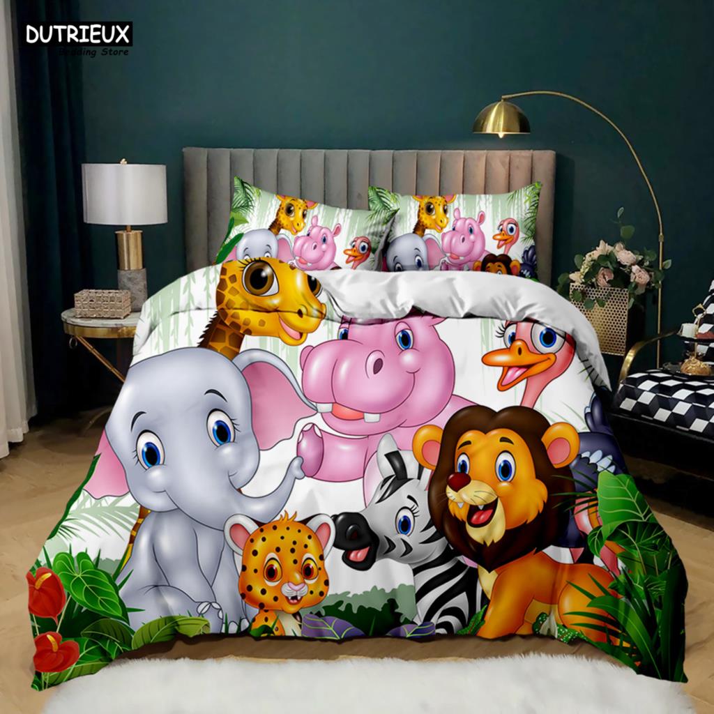 Elephant Comforter Cover Cute Cartoon Animal Paradise Bedding Set Boys Girls Kids 3D Animal World Queen Polyester Duvet Cover