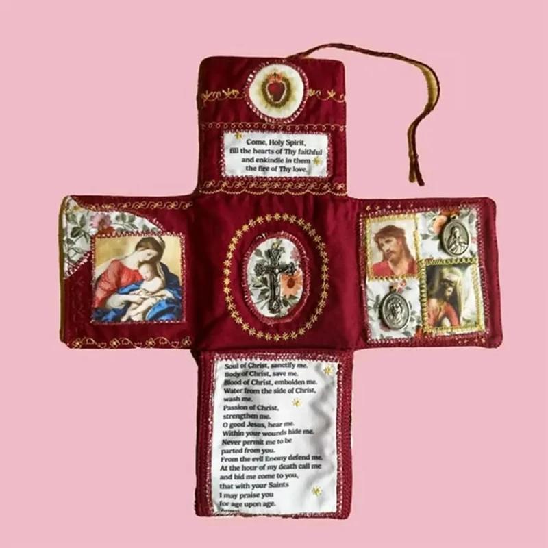 Handcrafted Pocket Shrine with Cross Included Inside,Faith Cross-Shaped Fabric Pouch Sewing Pocket with Saint Images Prayers