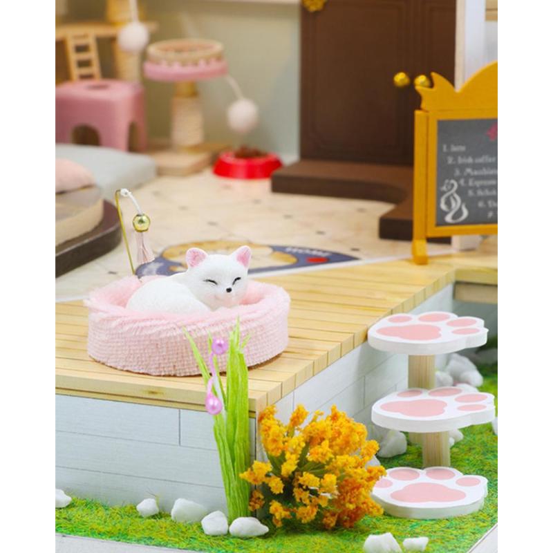 Lovely Cats Home Cat Cafe Store Dollhouse Wooden Diy Handmade Toys Hut 3D Assembled Puzzle Cat Cafe Small Garden Birthday Gifts for Children
