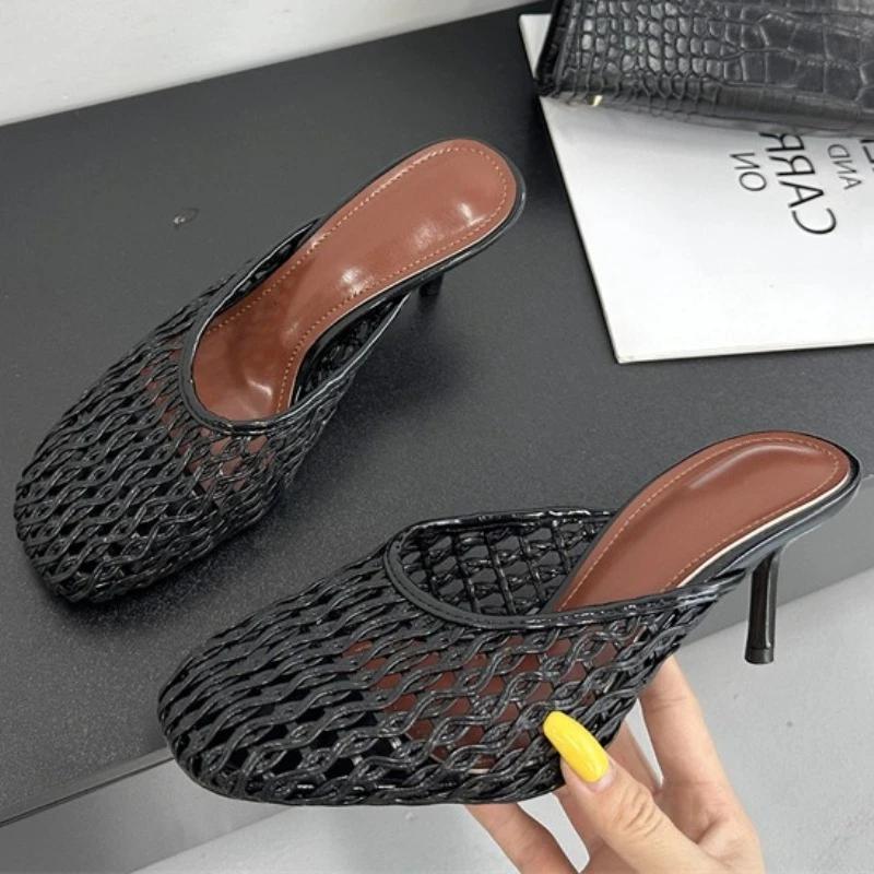 

Woven Design High Heeled Slippers Women Summer Round Toe Mule Shoes Dress Sandals Elegant Backless Pumps Ladies 43 чорний