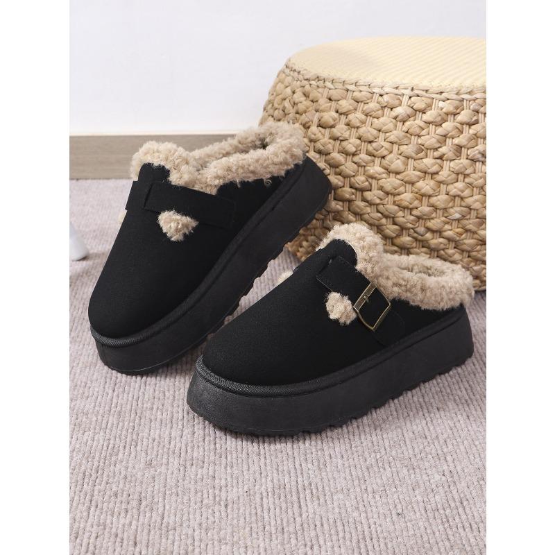 Fashionable Fall/Winter Thick-Soled Fuzzy Buckle Warm Cotton Slippers - Casual Oversized New Style Women's Shoes