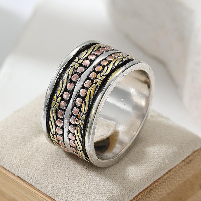 Vintage Hand Carved Women's Ring Creativity Tricolor Color Metal Geometry Daily Wear Party Jewelry Anniversary Gift