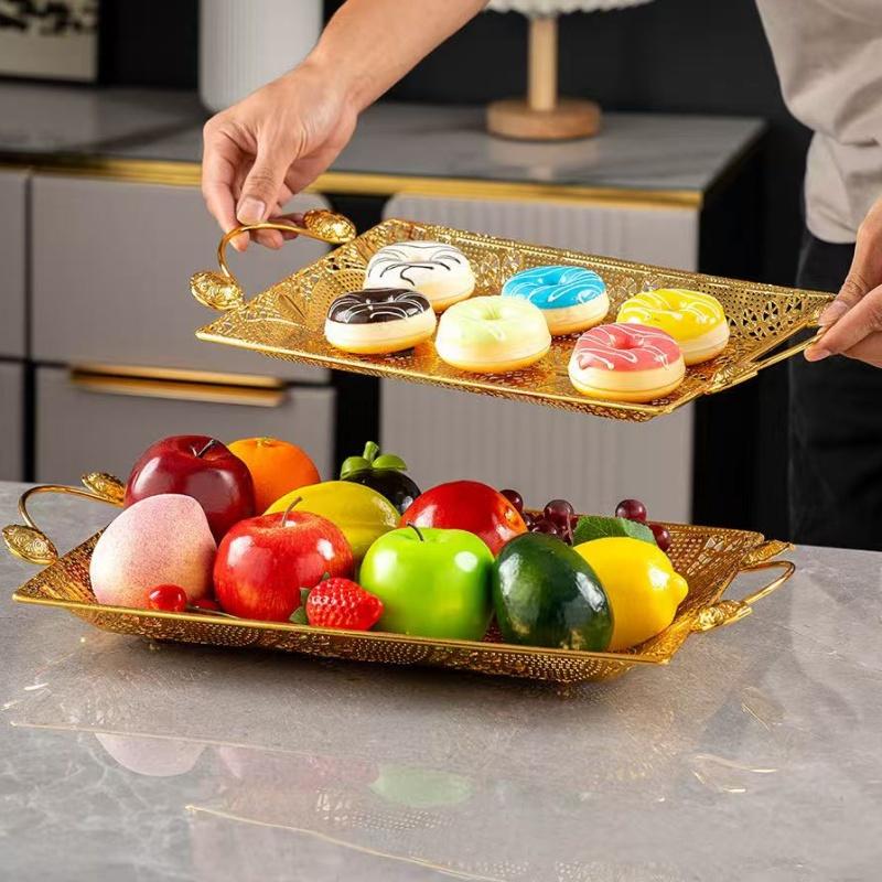 European Cake Tray,Household Metal Rectangle Hollowed-Out Shape Golden Handle Fruit Plate,Snack Plate Party Decoration,18 inch