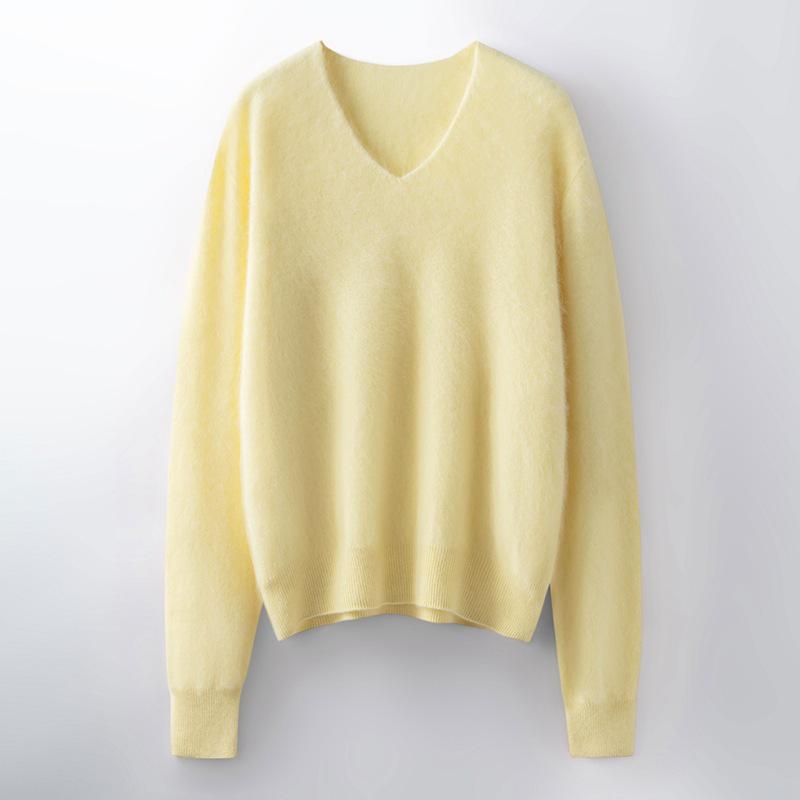 Women's Brushed Wool V-Neck Long-Sleeve Sweater: Autumn/Winter Loose Slimming Knitted Pullover Top
