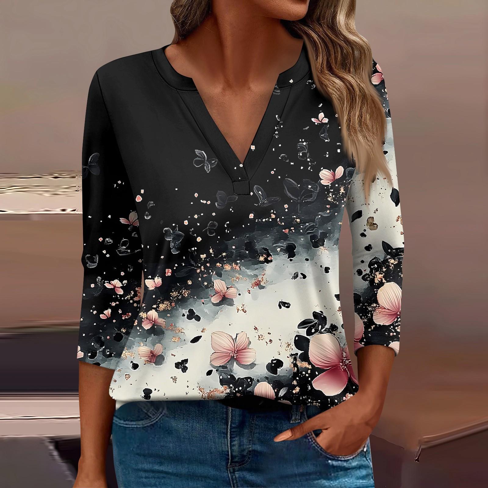 

Женская футболка Футболка с принтом Рукав 3/4 Повседневные Выходные Мода Базовый V-образный вырез Обычный топ L чёрный