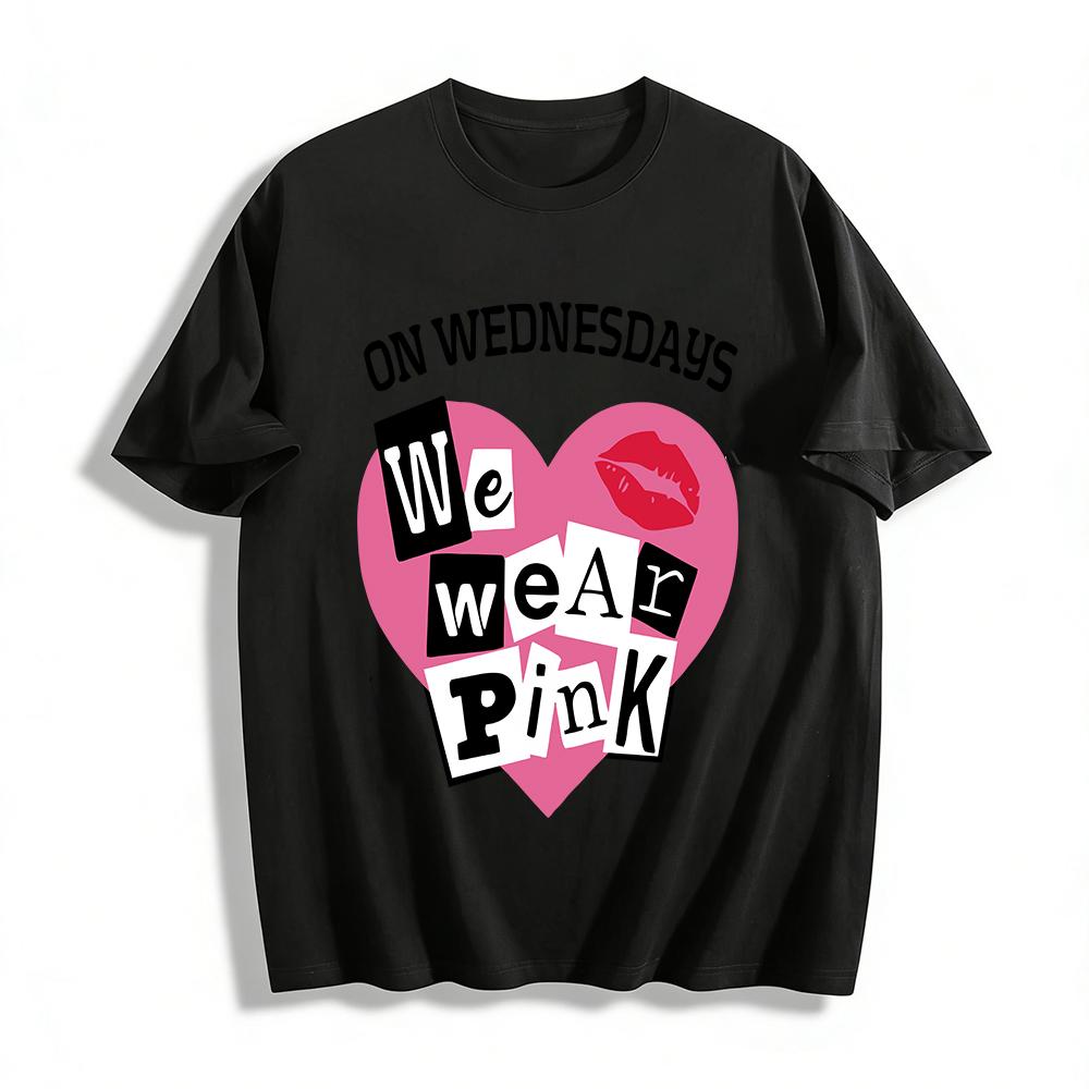 

On Wednesdays We Wear Pink Mean Girls Themed Top Heart & Lip Print Casual Tee For Women Pure cotton T-shirt XXS