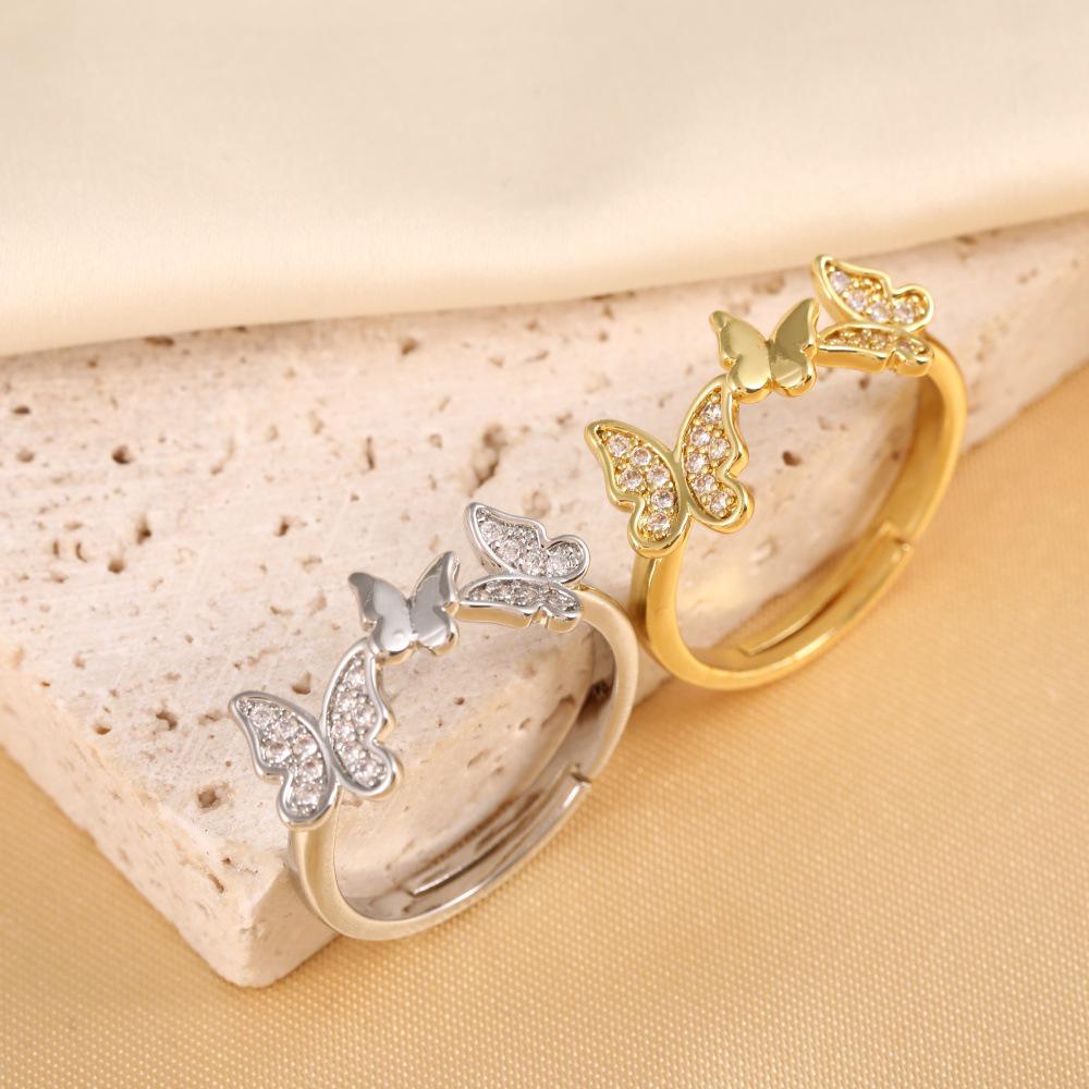 Copper-Plated 18K Skin-Brightening Butterfly Ring with Zircon Inlay for Women