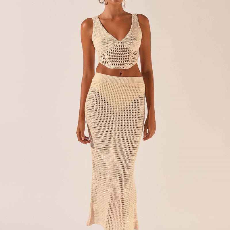 

2024 Стильный Новый Поступление Женская Одежда Универсальная Мода Вязаный V-образный вырез Без рукавов Жилет Кроп-топ Сексуальный Костюм с Юбкой по Бедрам Apricot color L