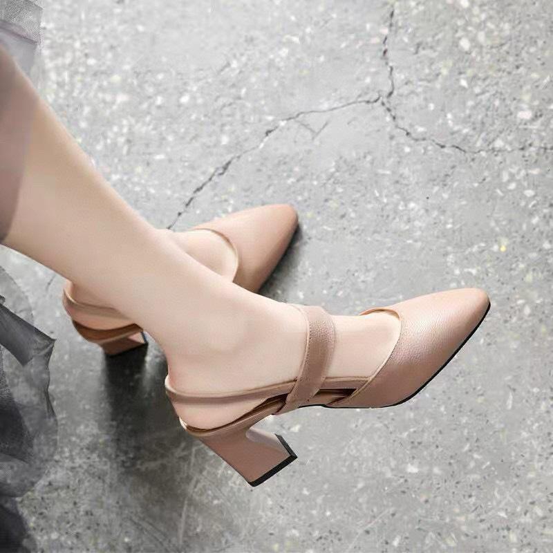 Pointed high-heeled sandals women's shoes summer new first-layer cowhide thick-heeled bag head empty fashion shoes