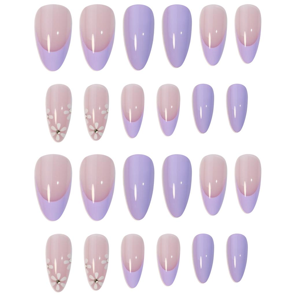 Almond Short Nail Art Wear Nail Purple Flower French Patch Nail Patch False Finger Sticker Extension Nail