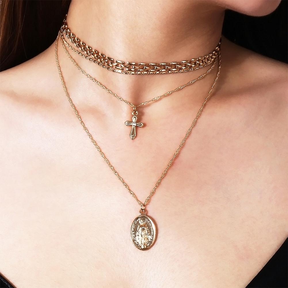 Vintage Exaggerated Personality Alloy Virgin Mary Cross Multilayered Pendent Necklace Birthday Gifts for Women, Girls, Mother