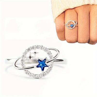Round Planet Sapphire Little Star Lover Ring Original Sterling Engagement Bride Gift Party Zircon