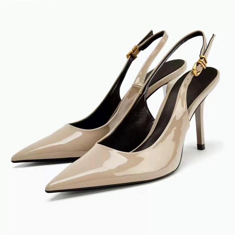 

Metal Buckle Straps Patent Leather High Heels Women Sexy Pointed-Toe Slingback Pumps Elegant Black Heeled Sandals for Ladies 35