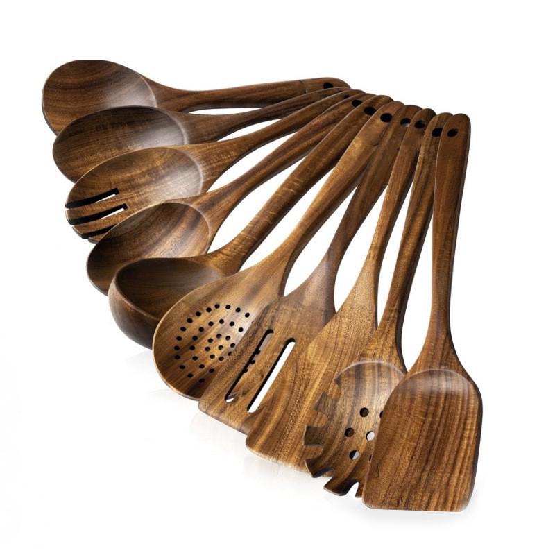 Teak Non-Stick Long-Handle Solid Wood Pan and Acacia Wood Kitchenware Set