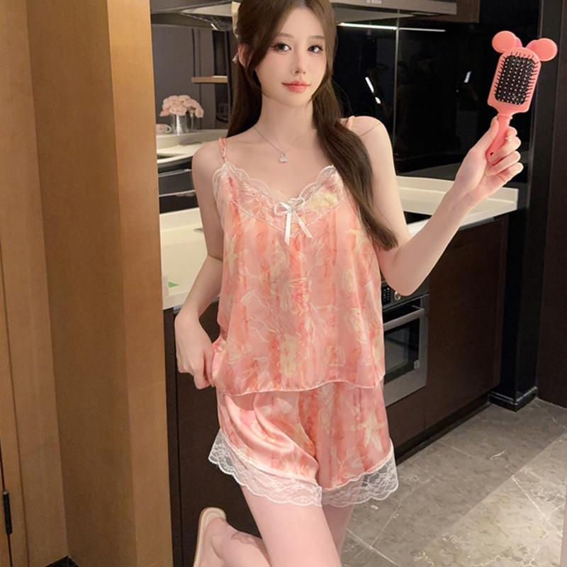 Summer New Ice Ribbon Chest Pad Sweet and Cute Pure Sexy Lace Suspender Shorts Printed Two-piece Set Women's Spring and Autumn