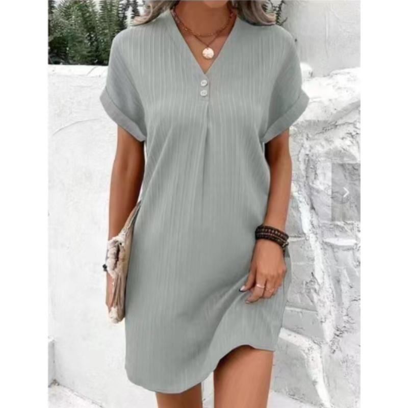 Letnia sukienka damska z dekoltem w kształcie litery V, zapinana na guziki, z krótkimi rękawami, luźna, jednokolorowa bluza, na co dzień, na co dzień, Mini sukienka