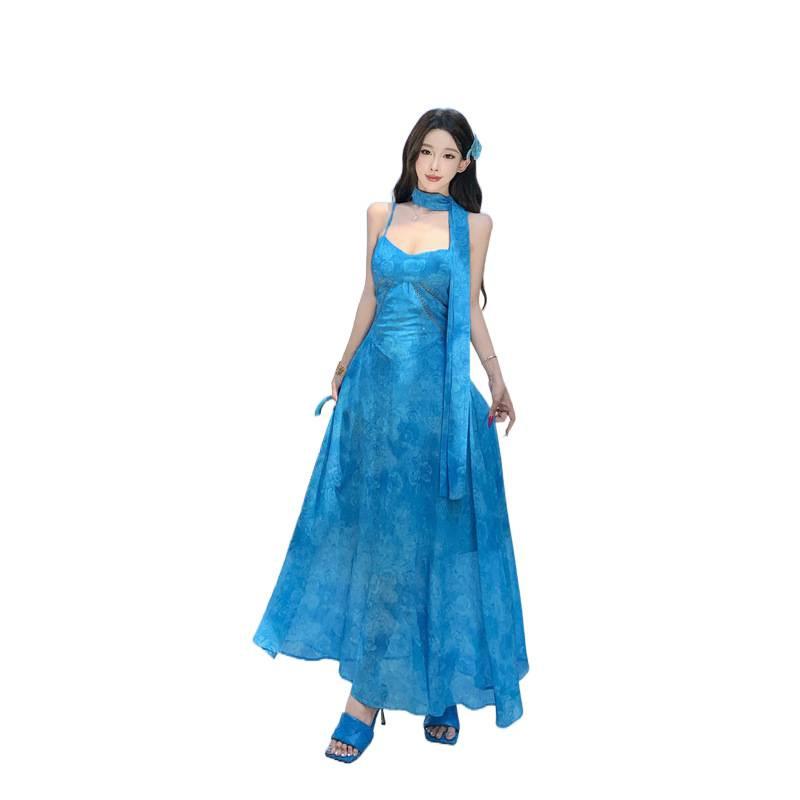 Holiday style blue suspender dress women's summer new waist and thin A-shaped dress