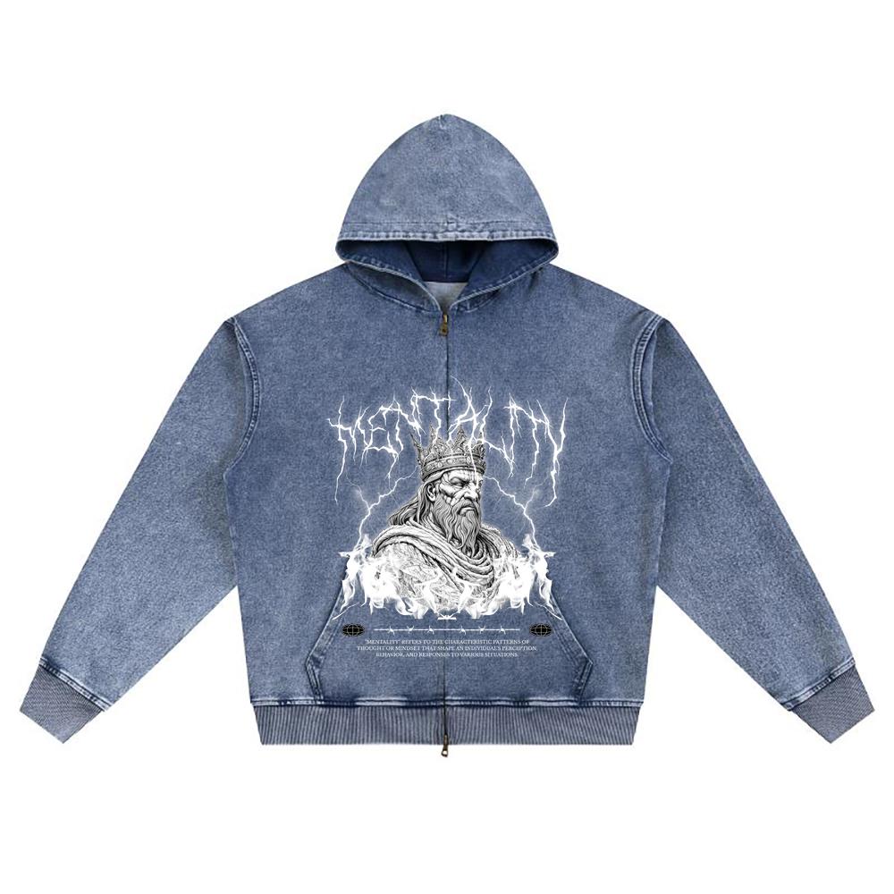 DTG print Knitted Denim Zip-Up Hoodie Mentality Death Metal Brother Print Zipper Hoodies  