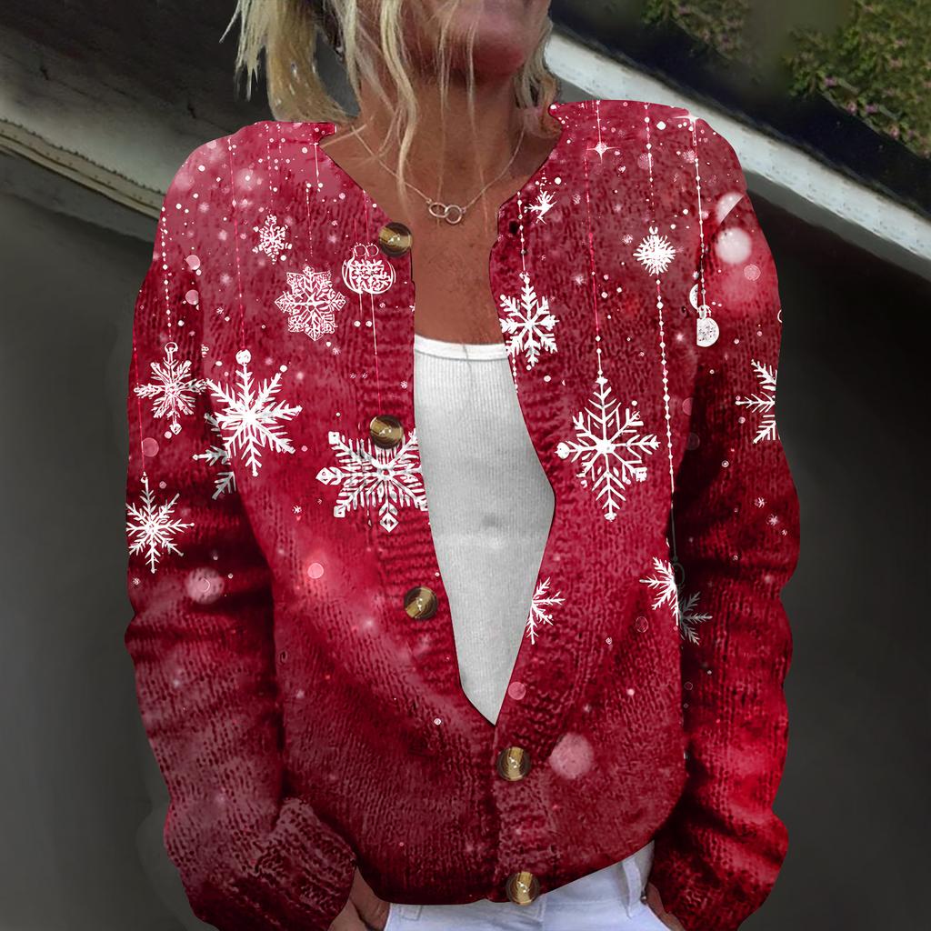 Damemote juletrykt langermet strikket cardigan-jakke med knapp
