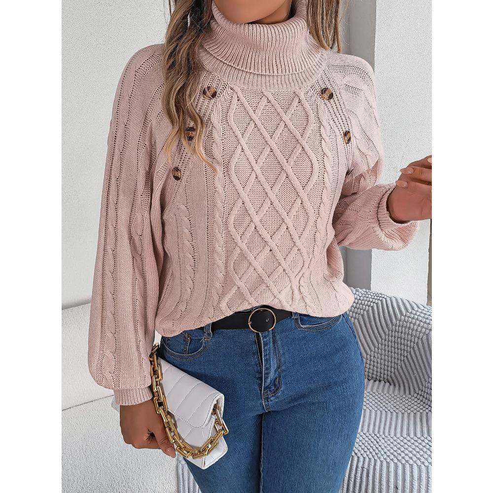 Autumn/Winter Casual Solid-Colour Buttoned Cable-Knit Turtleneck Bell-Sleeve Pullover for Women