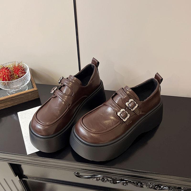 

Черные туфли из маленькой кожи на толстой подошве женские 2025 весна и осень новые ретро британский стиль круглый носок подошва-маффин лоферы женские одинарные туфли 40 темно-коричневого