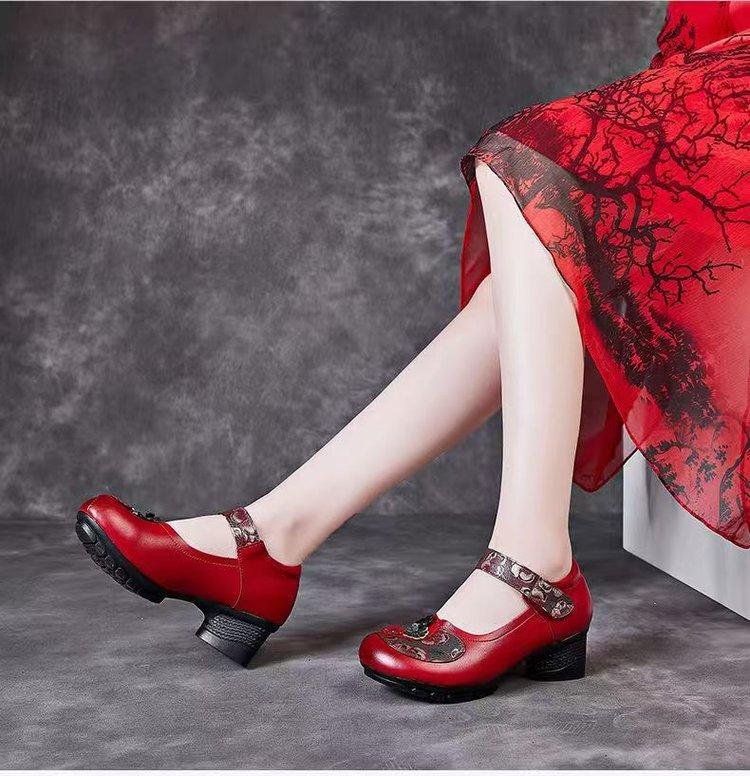 Retro Ethnic Style Women's Shoes 2025 Spring New Shallow Mouth Single Shoes Thick Heel Soft Sole Comfortable Women's Leather Shoes Mother Shoes