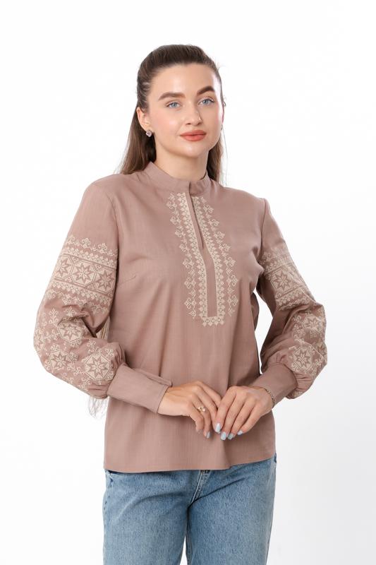 Blouse – Women's Linen Embroidered Shirt with Puff Sleeves & High Collar, Any Season 8409-132-22 HC