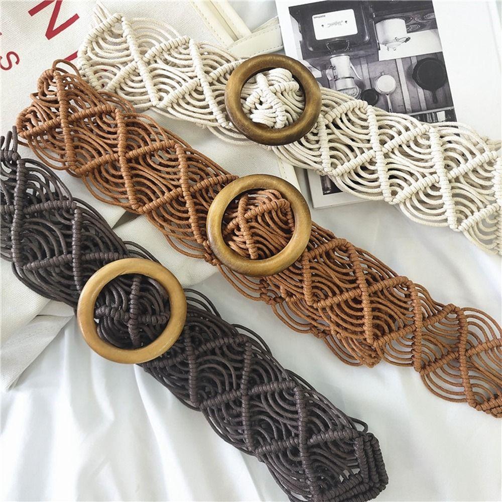 Wax Rope All-match Waist Rope Braided Belt Ethnic Style Belts Women Waist Chain Round Wooden Button
