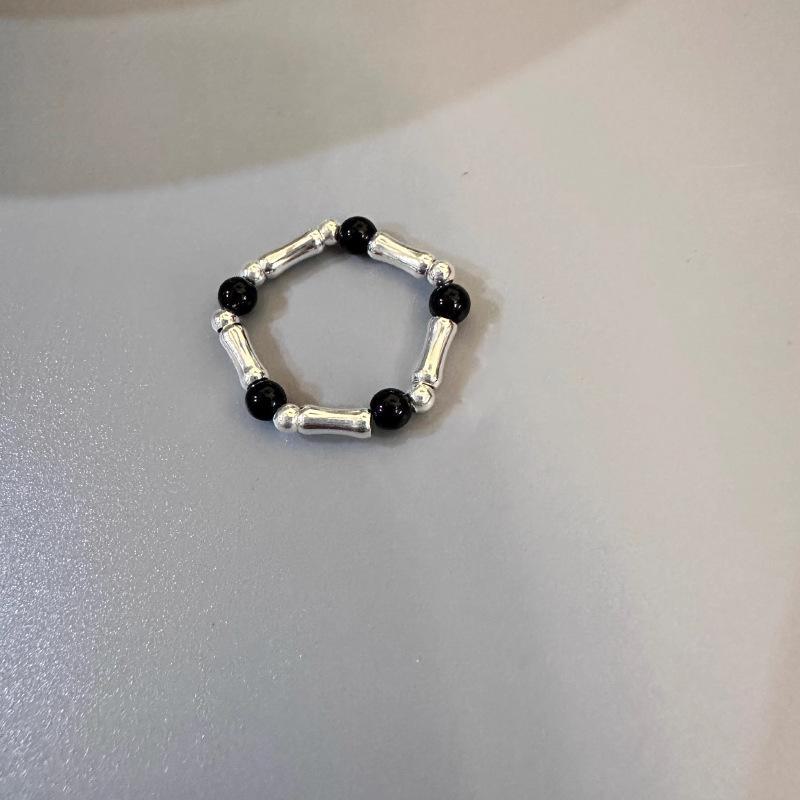 Korean Pearl & Silver Black Agate Braided Ring - Elegant Luxury Fashion Accessory for Women