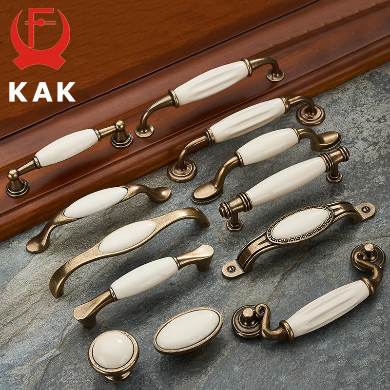 KAK Antique Bronze Ceramic White Cabinet Handles Zinc Alloy Drawer knobs Wardrobe Door Handle Simple European Furniture Hardware