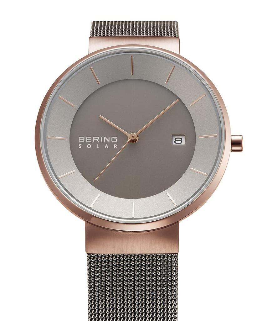BERING Gray and Stainless Mesh Officially Sapphire Men's & Women's (Unisex) Solar-Powered Watch, Gold, Steel, Strap, 14639-369, Imported, 3-Year
