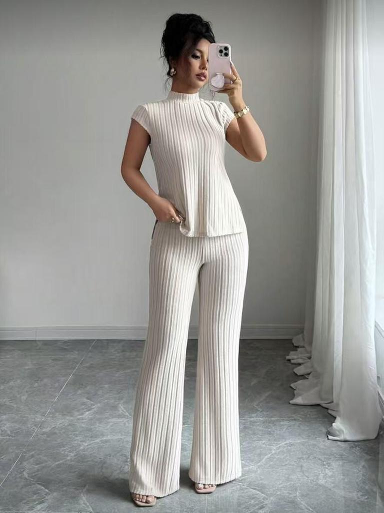 2026 New Style Women's Solid Color Short Sleeve Top & Ribbed Casual Pants Set