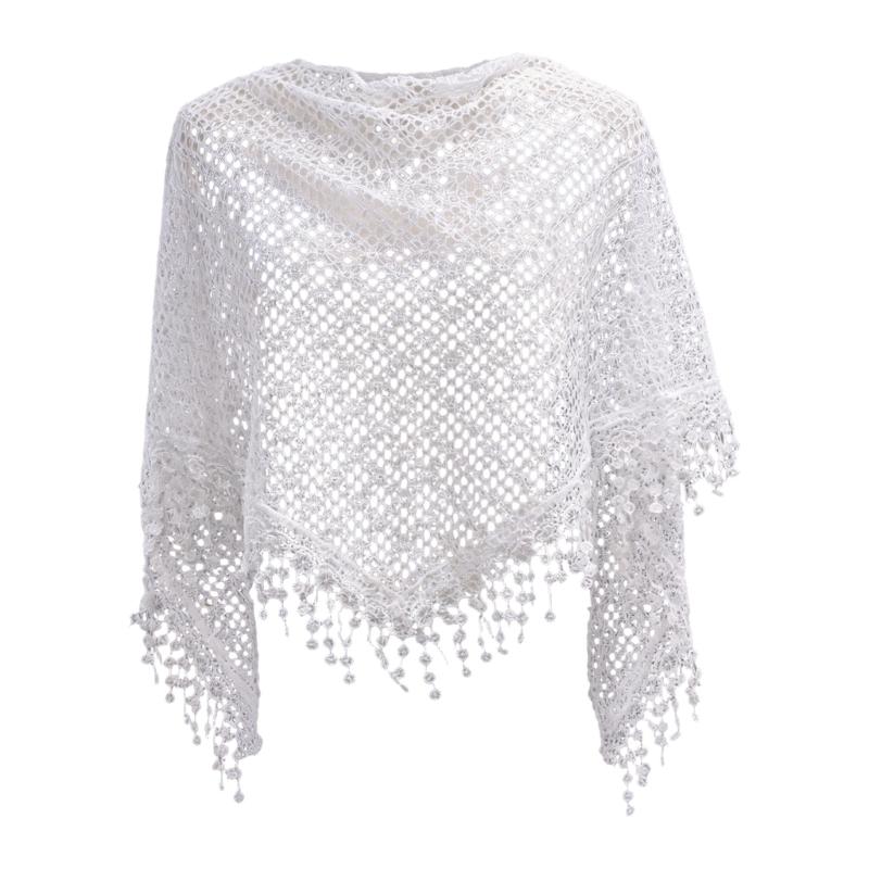 Stilvoller gehäkelter durchbrochener Schal mit handgebundenen Quasten Schulterumhang Dekorative Schal für Strandurlaub und tägliches Outfit